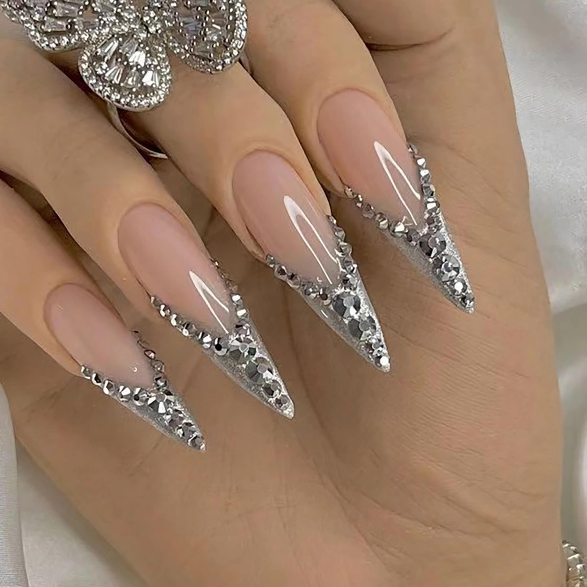 BABALAL Press On Nails, Extra Long Stiletto Fake Nails, Nude Pink, Crystal Rhinestone & Diamond Accents, Glossy Luxury Wedding Party Glue On Nails for Women and Girls 24Pcs