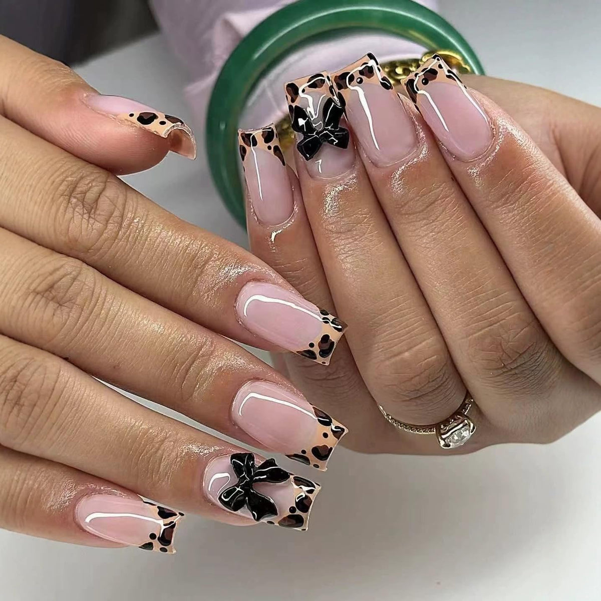Short Square Press on Nails French Tip | Acrylic White Flower False Nails with Gold Rhinestones Design, Glossy Press Ons Stick on Glue on Nails for Women 24Pcs
