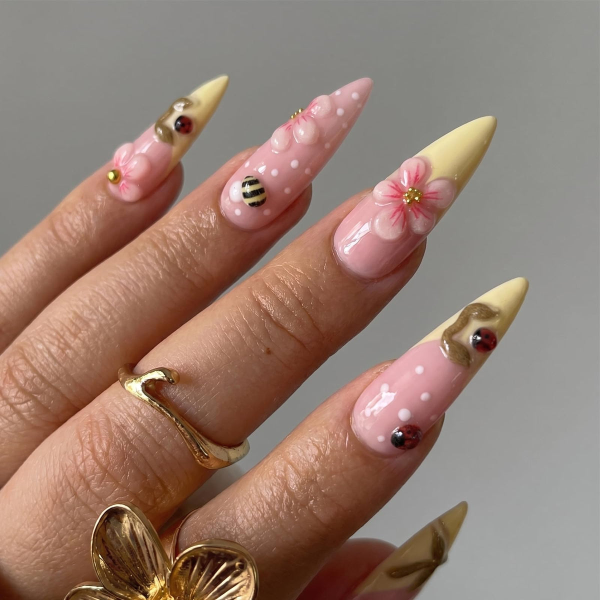 IMRAIN Long Press on Nails Stiletto Pink Fake Nails Rhinestone & Flower Designs Glossy Glue on Acrylic Nails Full Cover Luxury Bling Handmade Stick on False Nails for Women 24Pcs