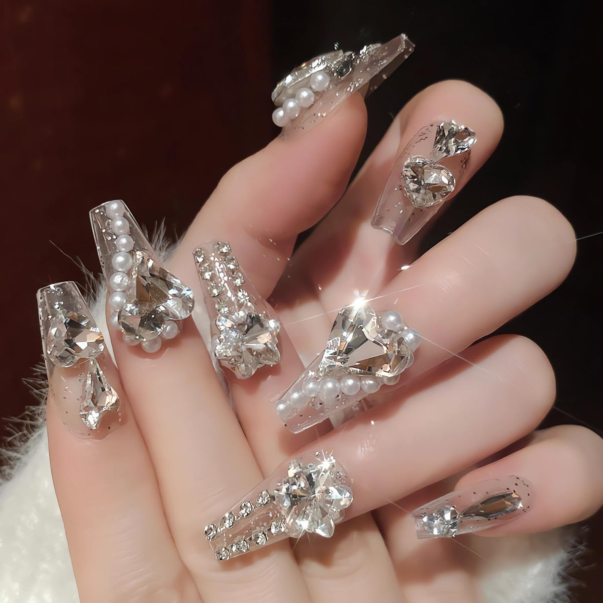 IMSOHOT Long Press on Nails Coffin Glitter Fake Nails Shiny Pink Rhinestone Full Cover False Nails Luxury Ballerina Artificial Acrylic Glue on Nails for Women 24Pcs