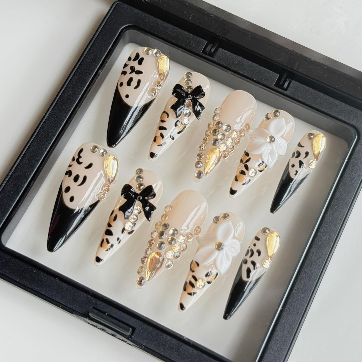 Long Stiletto Press On Nails, Handmade Nude White French False Nails with Gold Rhinestone Decor, Reusable Salon Grade Fake Nails Easy to Wear, 10Pcs M Size for Women
