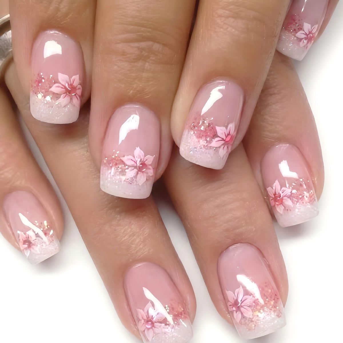 Glossy Nude Gold French Tip Press On Nails Short Almond, 30 PCS