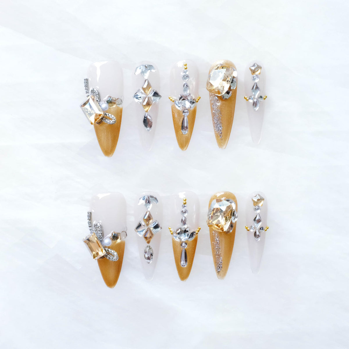Luxury Handmade Press On Nails, Vintage Bohemian Style, Long Stiletto Shape, Crystal Heart Gems, Gold Stars Design, 10 Pieces (Large, LS)