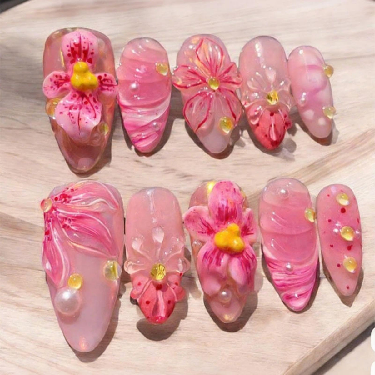 Almond Press on Nails Medium Fake Nails with 5D Metal Lines Charm Design Glossy Pink Nails Press on Curve Glue on Nails Reusable Luxury Silver Beads Acrylic Nail for Women 24Pcs