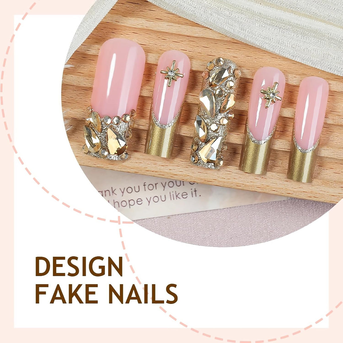 BABALAL Press on Nails, Extra Long Square Fake Nails, Gold Chrome French Tip, Luxury Rhinestone & Star Charm Design, Bling Shiny Reusable Glue on Nails 24Pcs