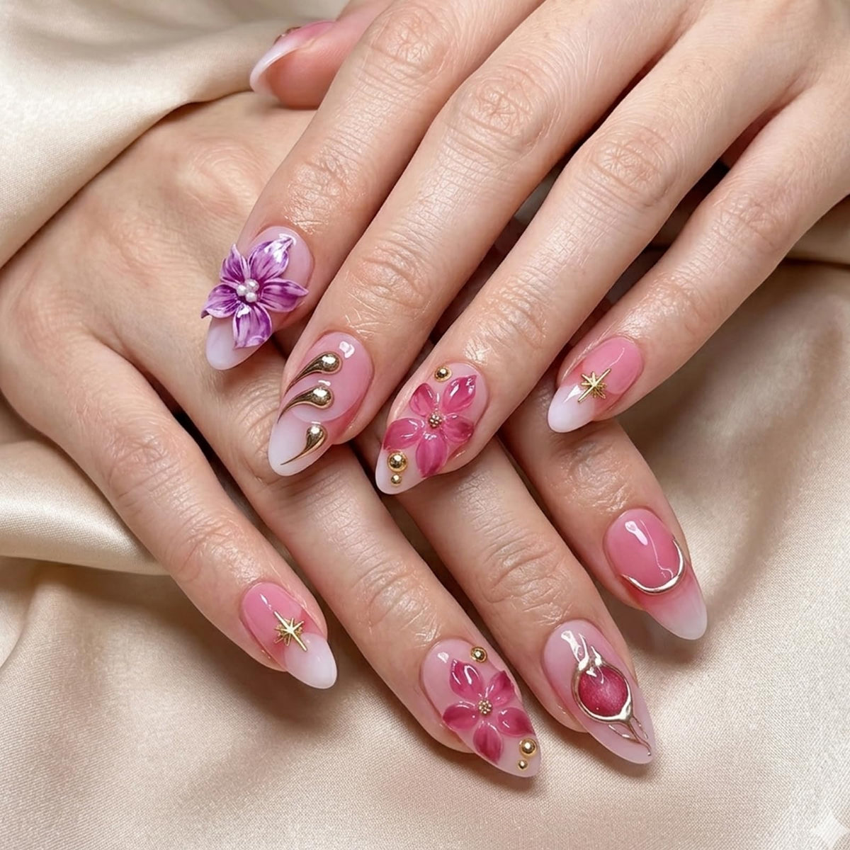 Short Almond Press on Nails Nude Ombre Glossy Fake Nail 30pcs