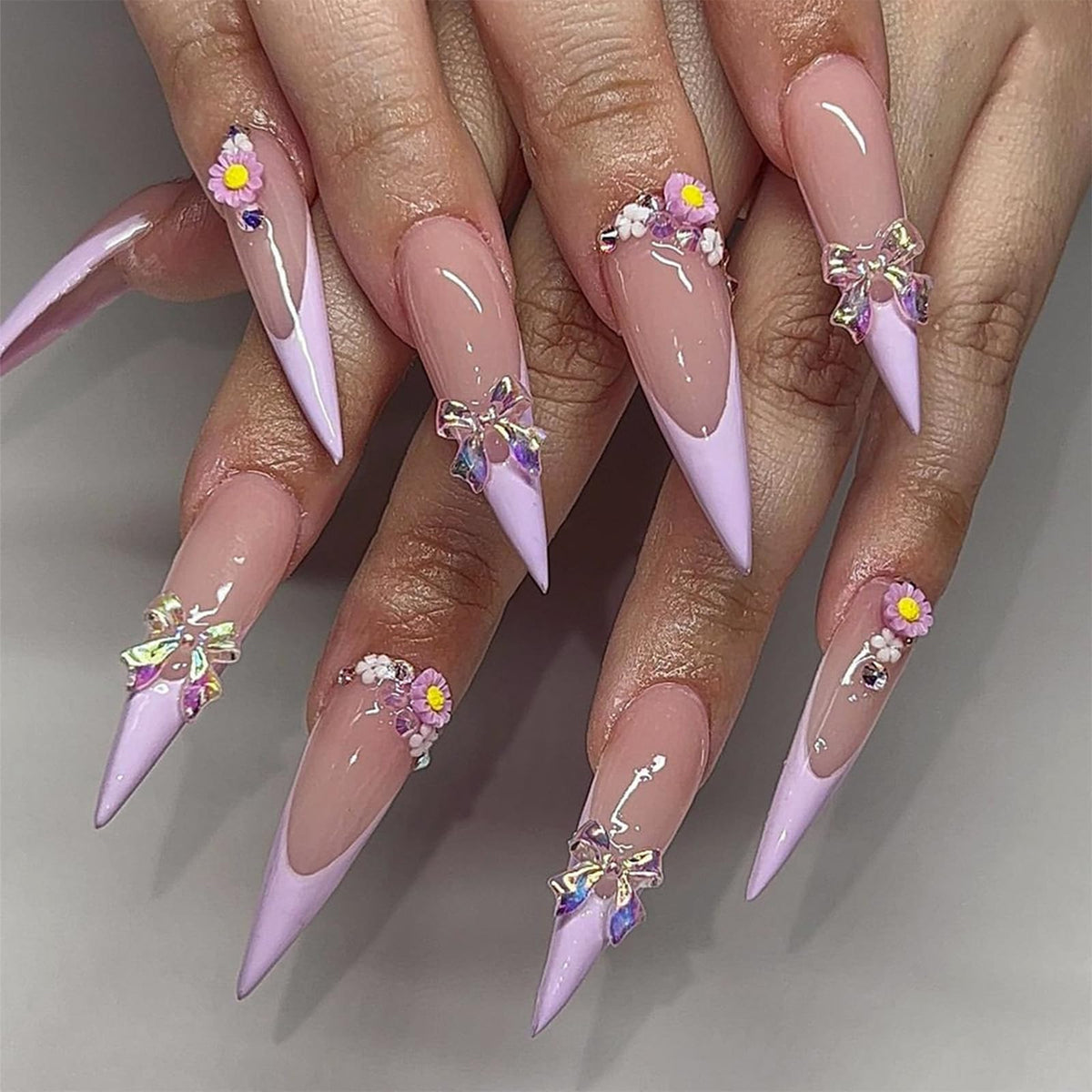 IMRAIN Long Press on Nails Stiletto Pink Fake Nails Rhinestone & Flower Designs Glossy Glue on Acrylic Nails Full Cover Luxury Bling Handmade Stick on False Nails for Women 24Pcs