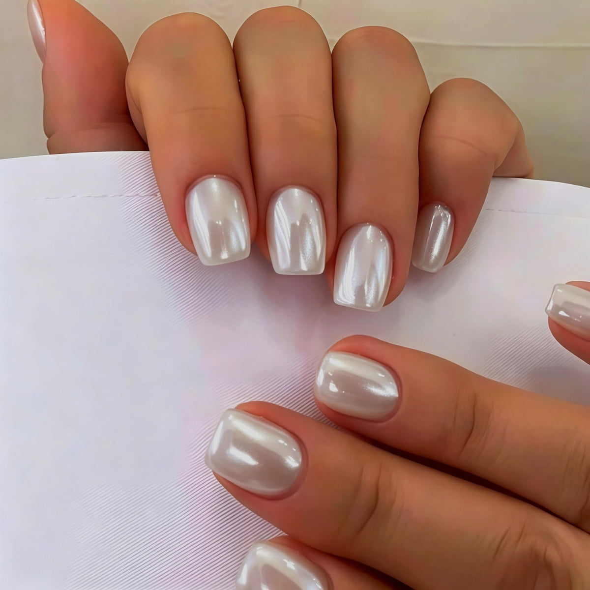 White French Tip Press On Nails Almond - KQueenest Chrome Press On Nails Medium, Glazed Natural Light Nude Fake Nails Press on, Reusable Glue on Nails Stick On Nail for Women Bridal Wedding