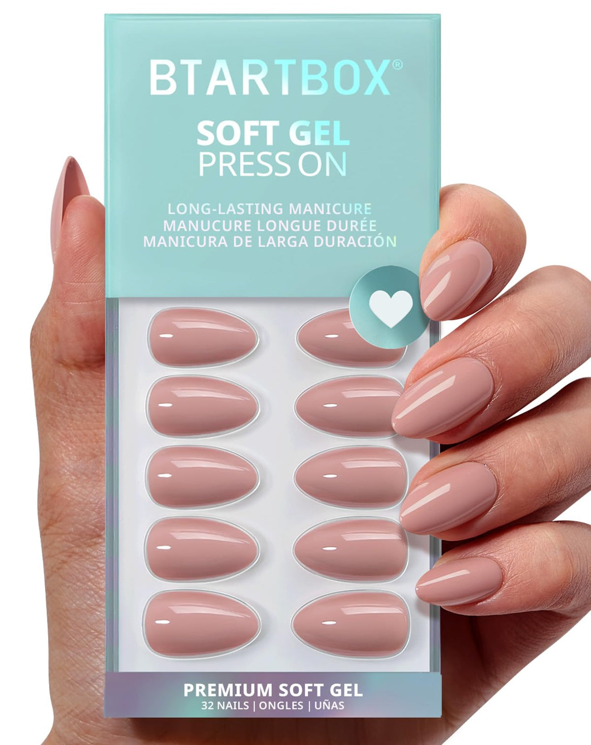 BTArtbox Press On Nails, Short Square Pink Fake Nails, 32Pcs Full Kit