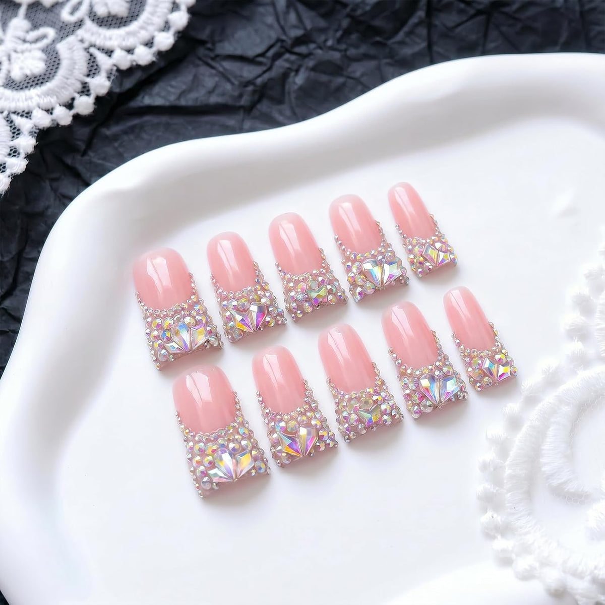 Handmade Long Duck Press on Nails - Luxury Crystal French Tip False Nails with Rhinestones, Diamond Jelly Pink Fake Nails, 10 Pack Gel Nails for Women (Size M)