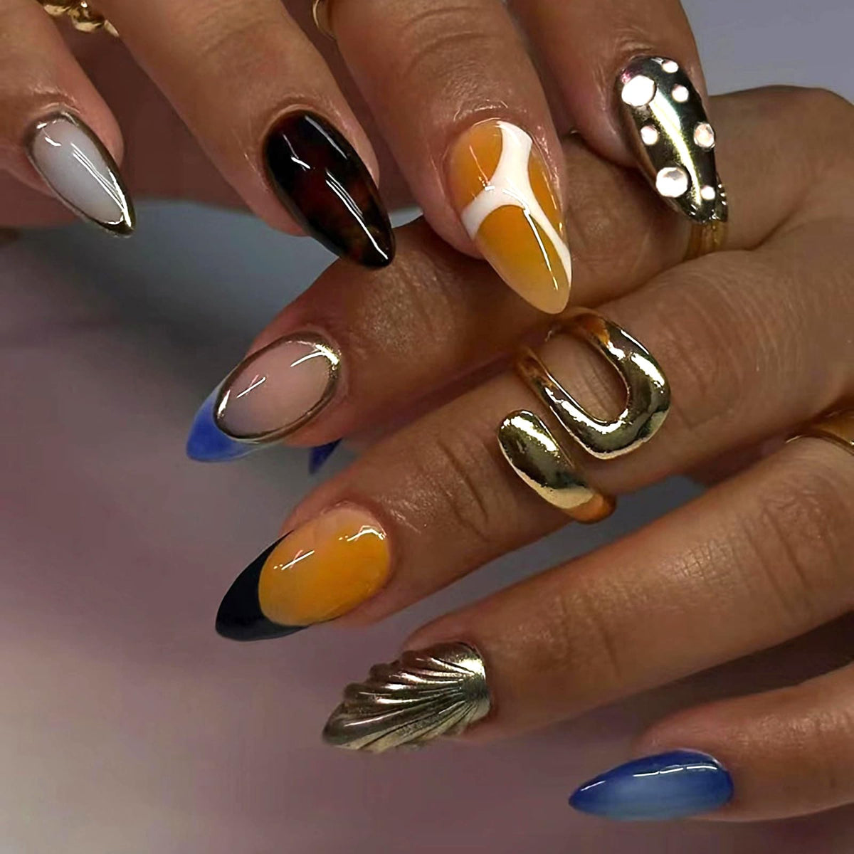 MERVF Medium Almond Press on Nails - White Ombre French Tip Fake Acrylic Nails, Rhinestones Gold Rings Design Wedding Glossy Finish 24pcs