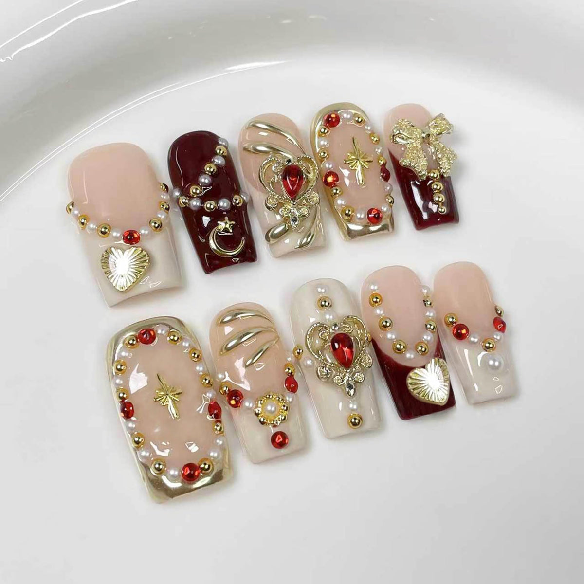 Luxury Handmade Press on Nails Medium Square Fake Nails Blue French False Nails with Ombre 3D Flower Art Design Acrylic Nails Handmade Stick on Nail for Women Manicure 10Pcs (Size M)