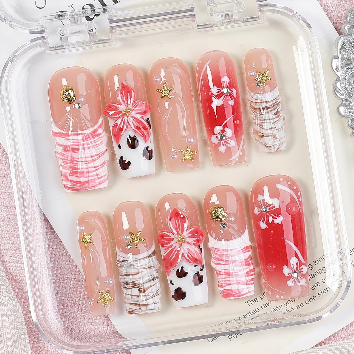 Luxury Baroque Press-On Nails 10pcs, Handmade Long Square Acrylic Nails with Sculpted Gold Relief, Gemstone Heart Charms & Pearl Details, Vintage Green Brown Glossy Design for Statement Style – Appife