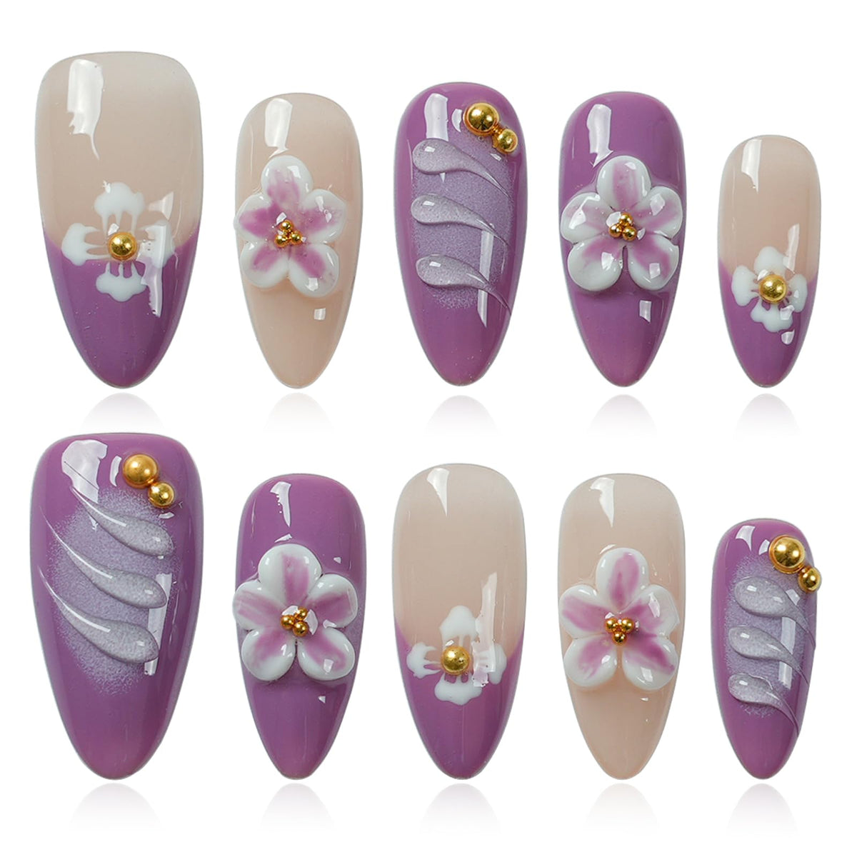Gothic 3D Floral Press on Nails Medium Almond - Gold Cross & Rhinestone Design, Handmade Pearl Luxury Dark Romantic Reusable Nails (Orange Diamond Sweet Luxury,L)