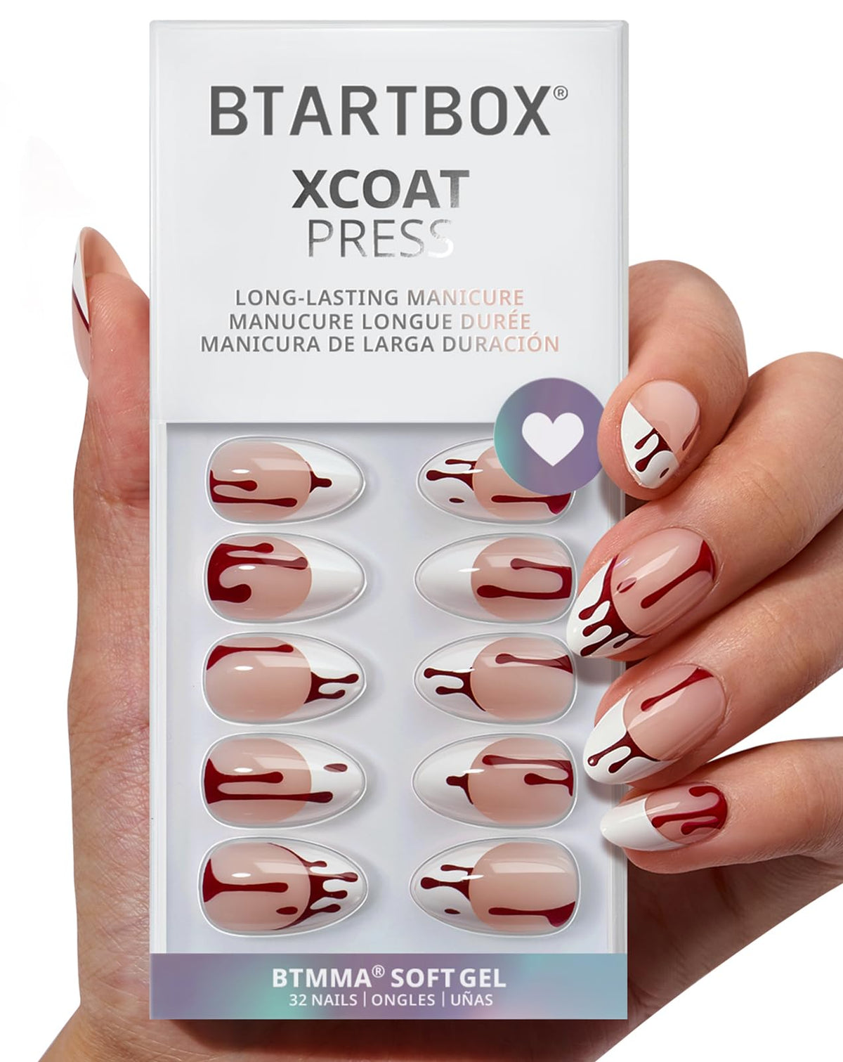 BTArtbox Press On Nails, Short Almond French Tip Nails, 32 Pcs Full Kit