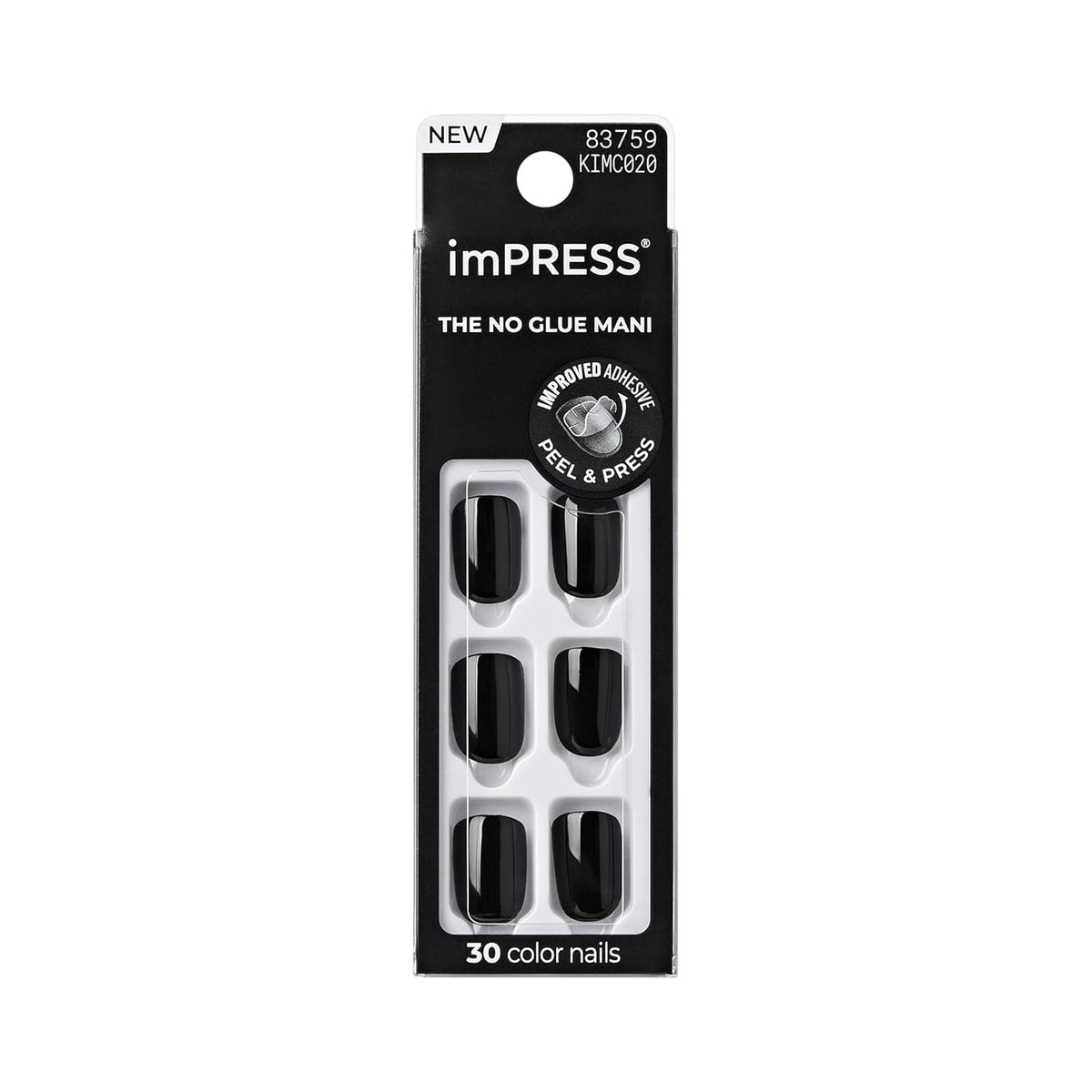 Kiss Impress No Glue Mani Press On Nails Kit, 30 All Black Peel and Stick Nails, Super Slim Short Squoval, Glossy Gel Finish, PureFit Technology, Includes Prep Pad, Manicure Stick & Mini File