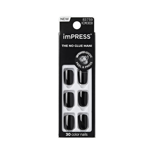 Kiss Impress No Glue Mani Press On Nails Kit, 30 All Black Peel and Stick Nails, Super Slim Short Squoval, Glossy Gel Finish, PureFit Technology, Includes Prep Pad, Manicure Stick & Mini File