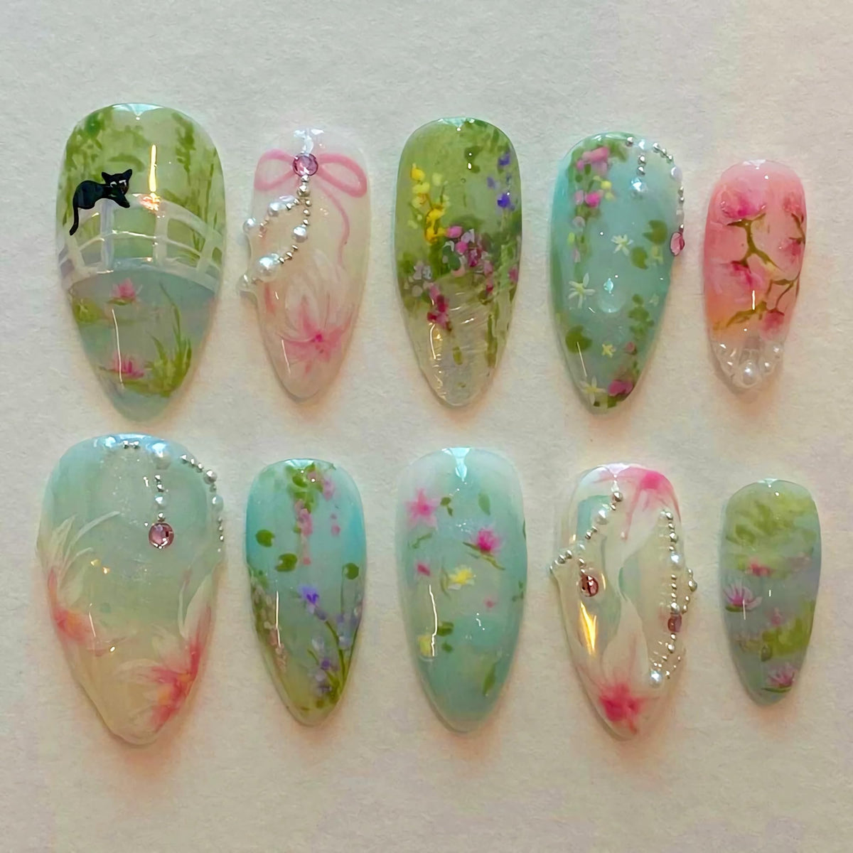 BABALAL Bridal Lace Press On Nails, Medium Almond Fake Nails with 3D White Floral & Pearl, Nude Ombre Acrylic Stick On Nails for Women 24Pcs