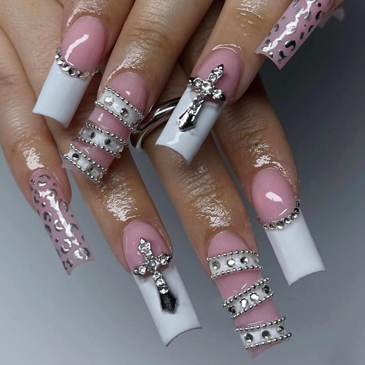 MISUD Press on Nails - Long Square Glue on Nails with White Bridal, Acrylic Wedding Bride Design 24 pcs