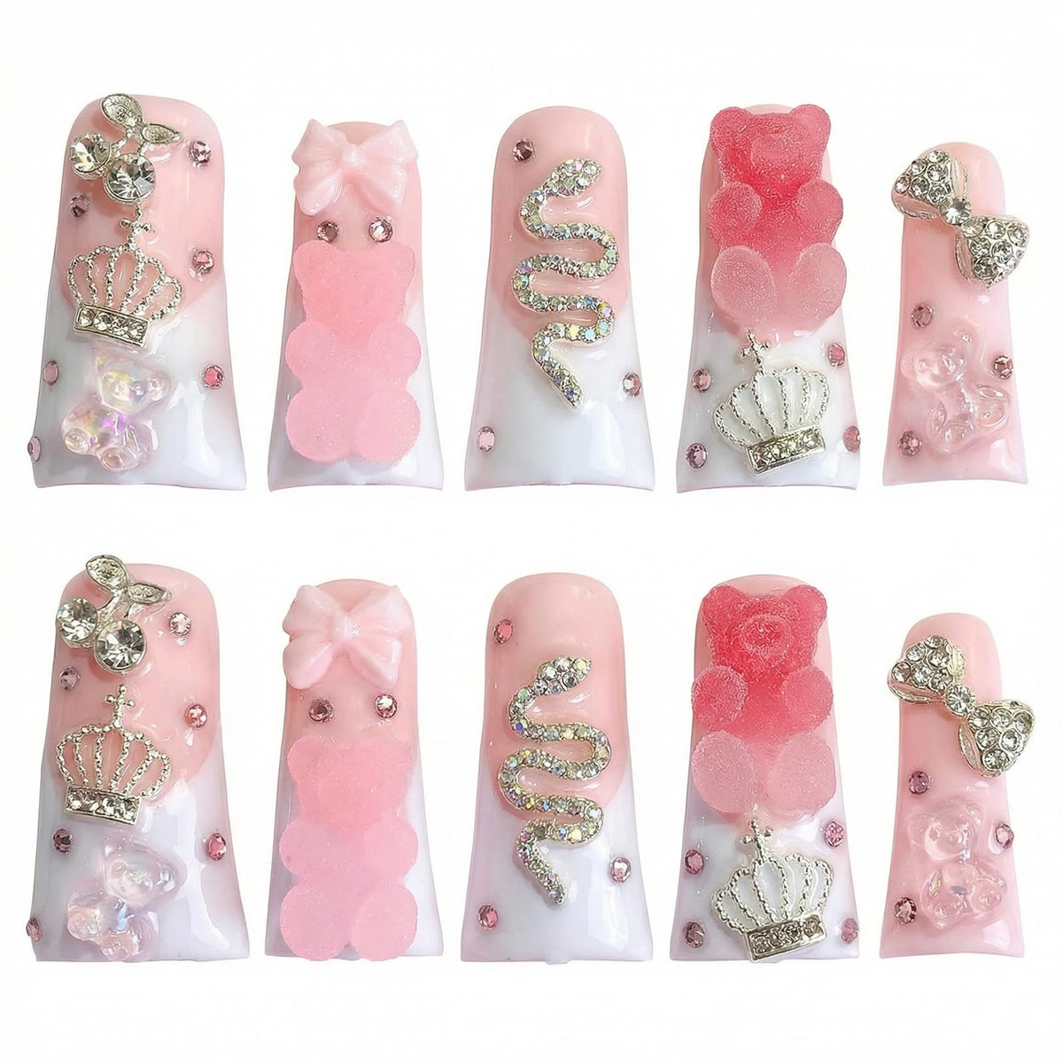 Handmade Long Duck Press on Nails - Luxury Crystal French Tip False Nails with Rhinestones, Diamond Jelly Pink Fake Nails, 10 Pack Gel Nails for Women (Size M)