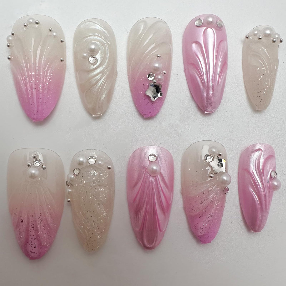 Green Press on Nails Medium Almond Fake Nails with 3D Pearl Rhinestones Designs Gold French Tips Flower Acrylic Nails False Nails White Floral Full Cover Glossy Stick on Nails for Women 24Pcs