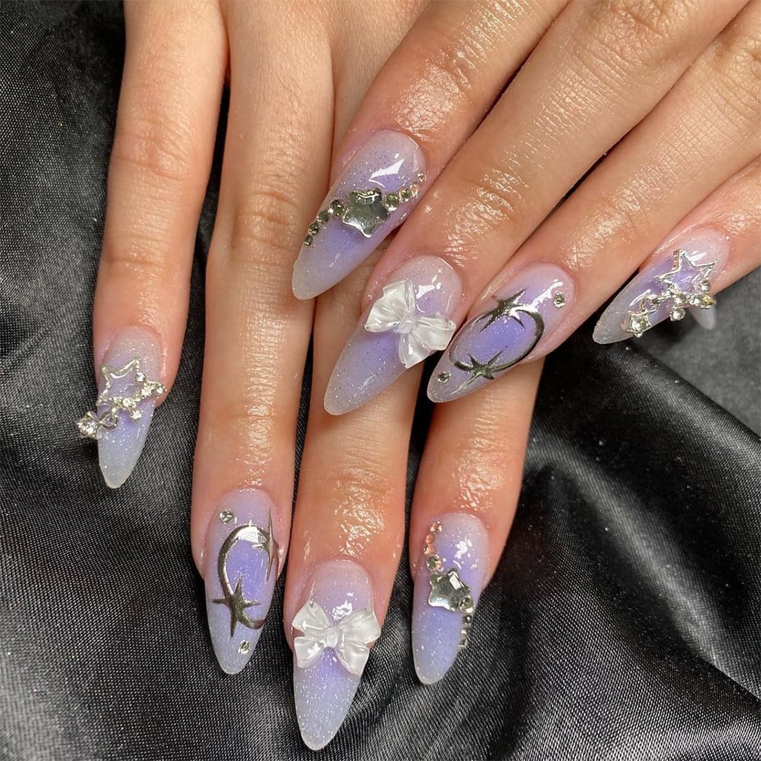 Ombre White Almond Press on Nails Short Medium Pink Fake Nails with Rhinestone Bling Designs Glitter Manicure Fake Nails False Nails for Wedding Fantasy Acrylic stick on nail for Women