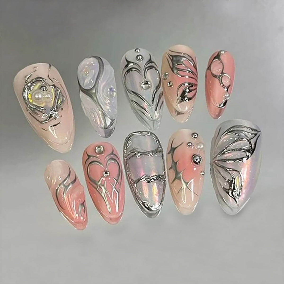 30Pcs Long Stiletto Press On Nails Gold Chrome Fake Nails with 3D Rhinestone Design Amber Gilding Nude Full Cover Acrylic Nails French Tip Glue On Nails Metal False Nails Luxury Manicure Set for Women