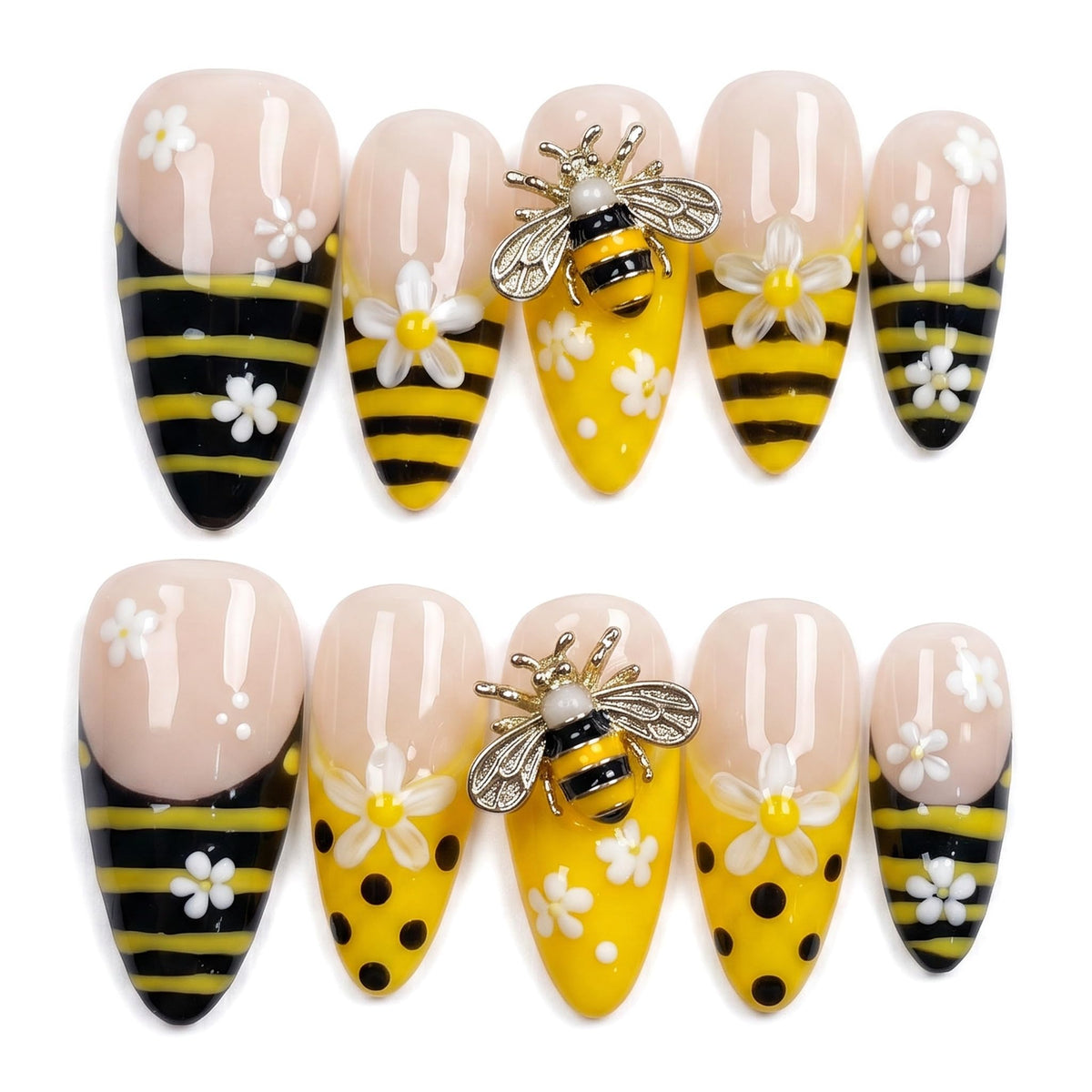 Luxury Handmade Press on Nails Long Stiletto Acrylic Fake Nails with Rhinestone Pearl Designs Glossy Full Cover Reusable Stick on Nails for Women Manicure 10Pcs