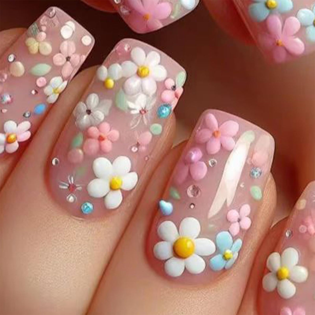 Medium Press on Nails Square White French Tip False Nails with Glitter Design Cute Fake Nails Light Pink Full Cover Nails Press ons Glossy Glue on Nails for Girls and Women 24Pcs