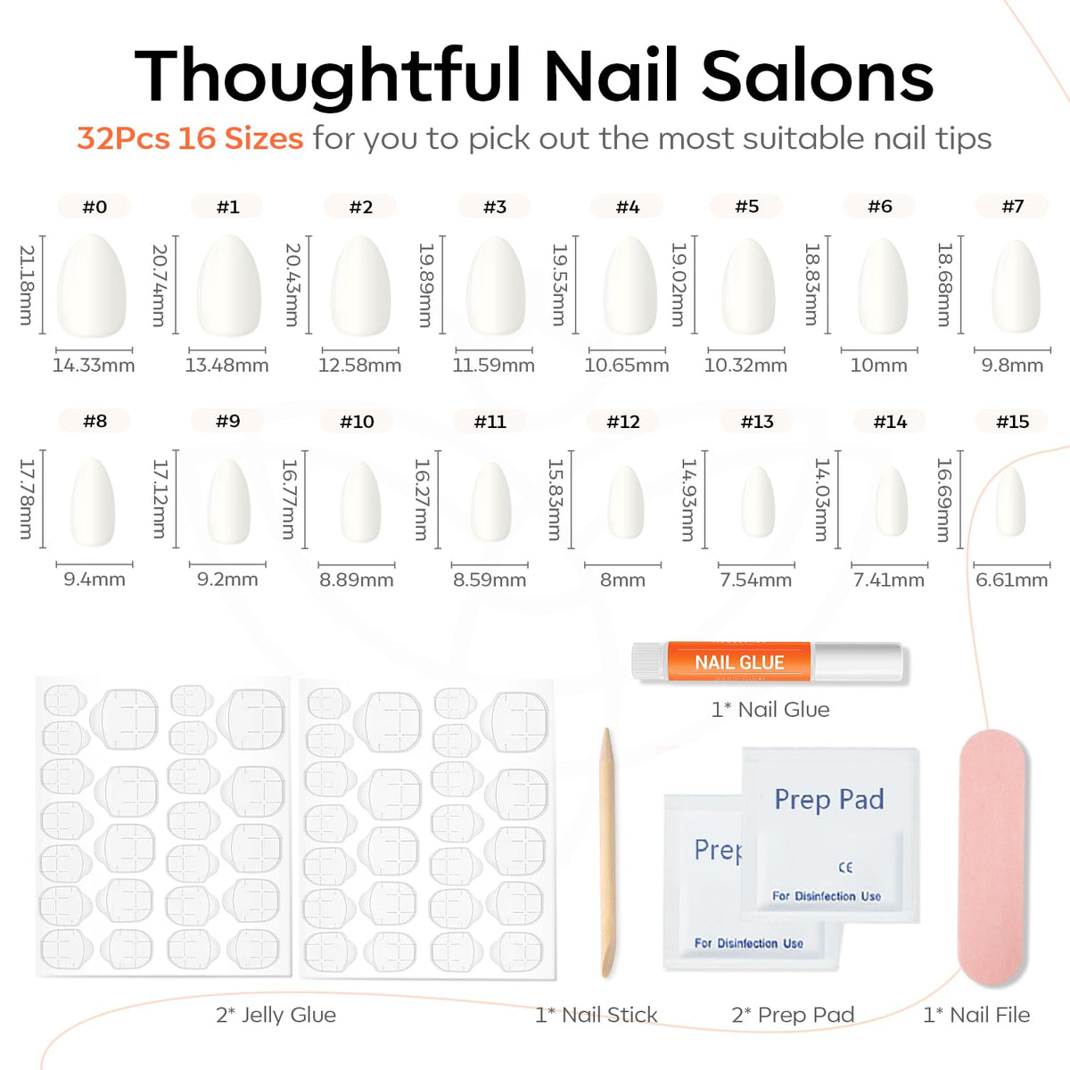 modelones Milky White Press On Nails Short Almond 32Pcs 16 Sizes Reusable