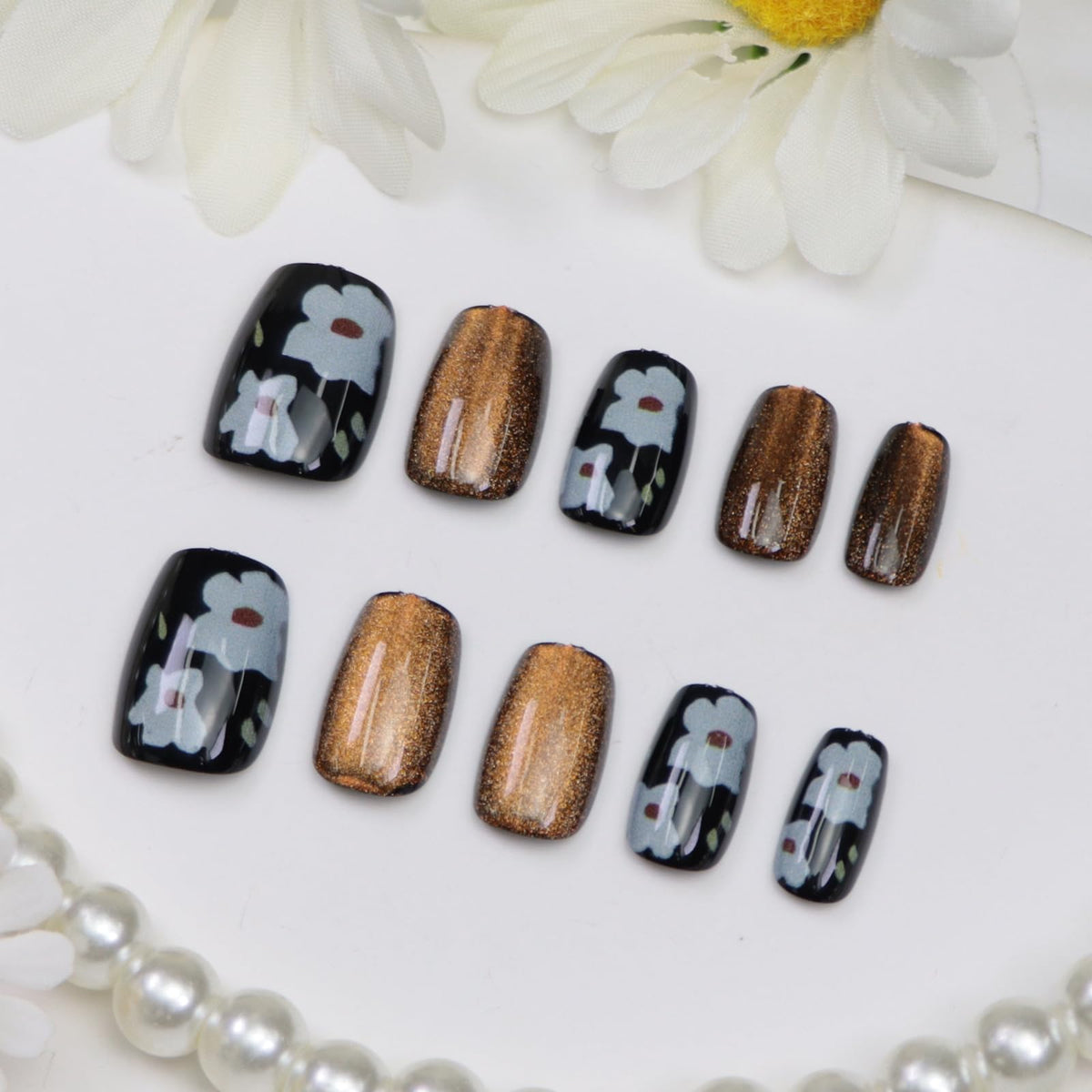 Short Press on Nails Square Fall Burgundy Fake Nails with Golden Glitter Designs Acrylic Nails Press ons Reusable Glue on Nails for Women and Girls Daily Wear 24 Pcs
