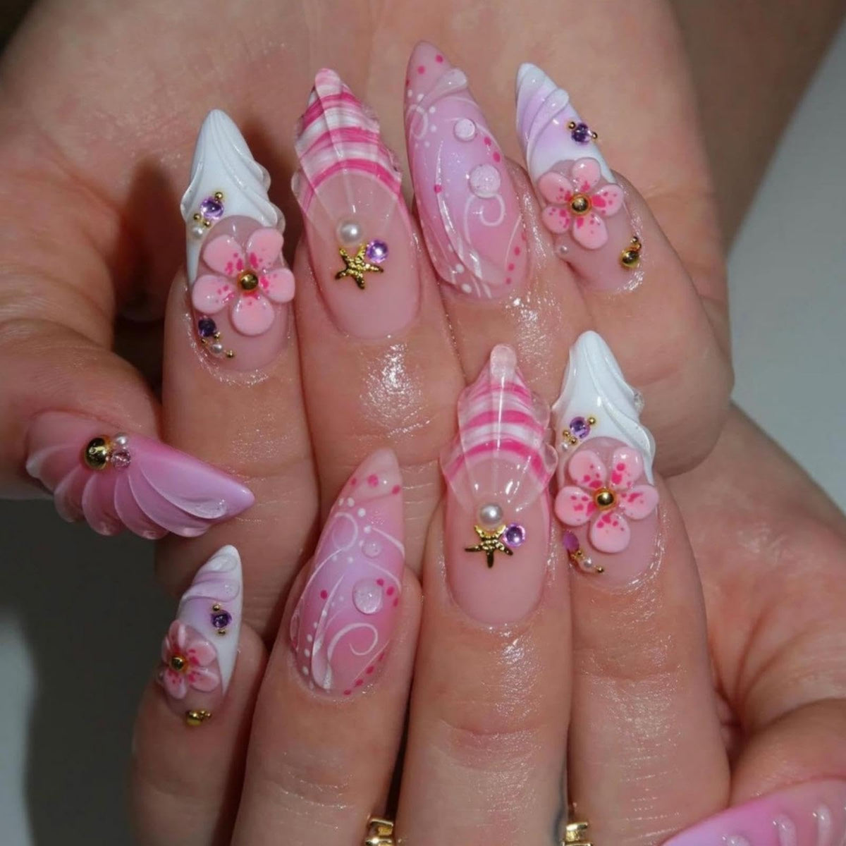 Medium Almond Pink 3D Twist French Tips Rhinestone Press On Nails