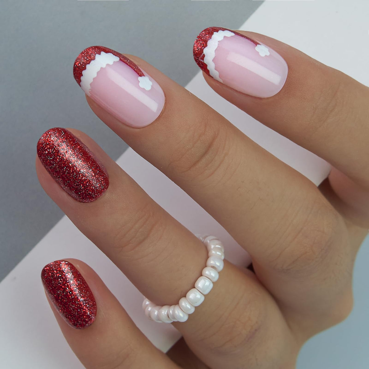 CurvLife Long French Tip Press On Nails, Pearl Rhinestones, Soft Gel