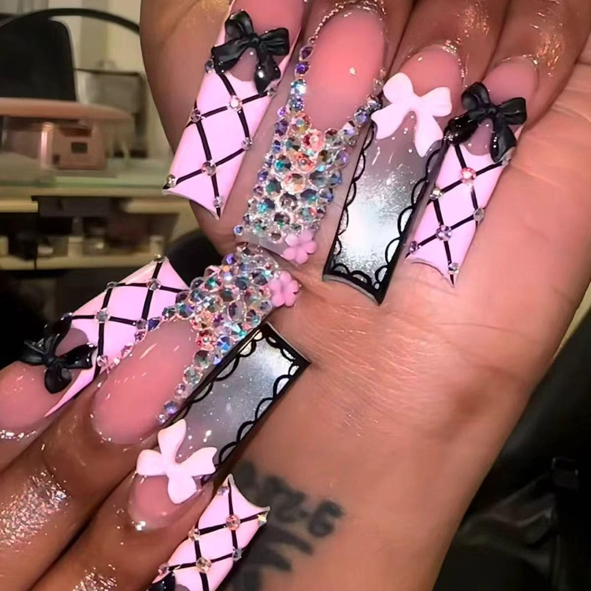 IMSOHOT Luxury Handmade Press on Nails Long Square Fake Nails with 3D Flower Designs Glossy Blue French Tips False Nails Full Cover Acrylic Glue Stick on Nails for Women