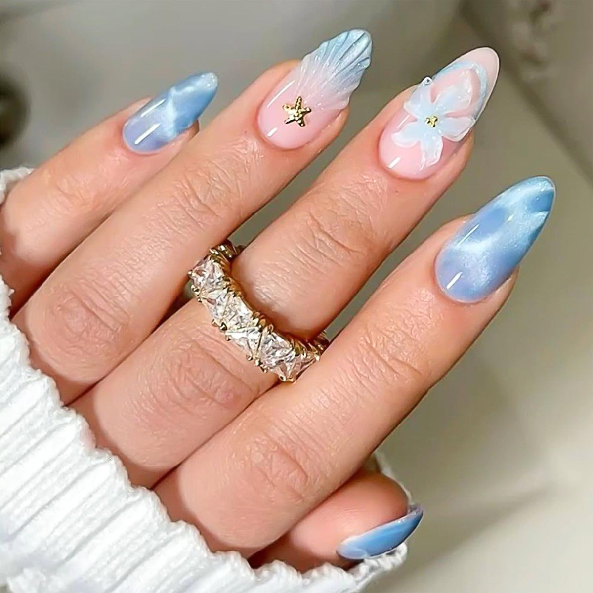 Press on Nails Medium Almond - 3D Red Hibiscus Flower Olive Green Fake Nails, Jade Agate Retro Stick on False Nails for Women & Girls, 30 Pcs