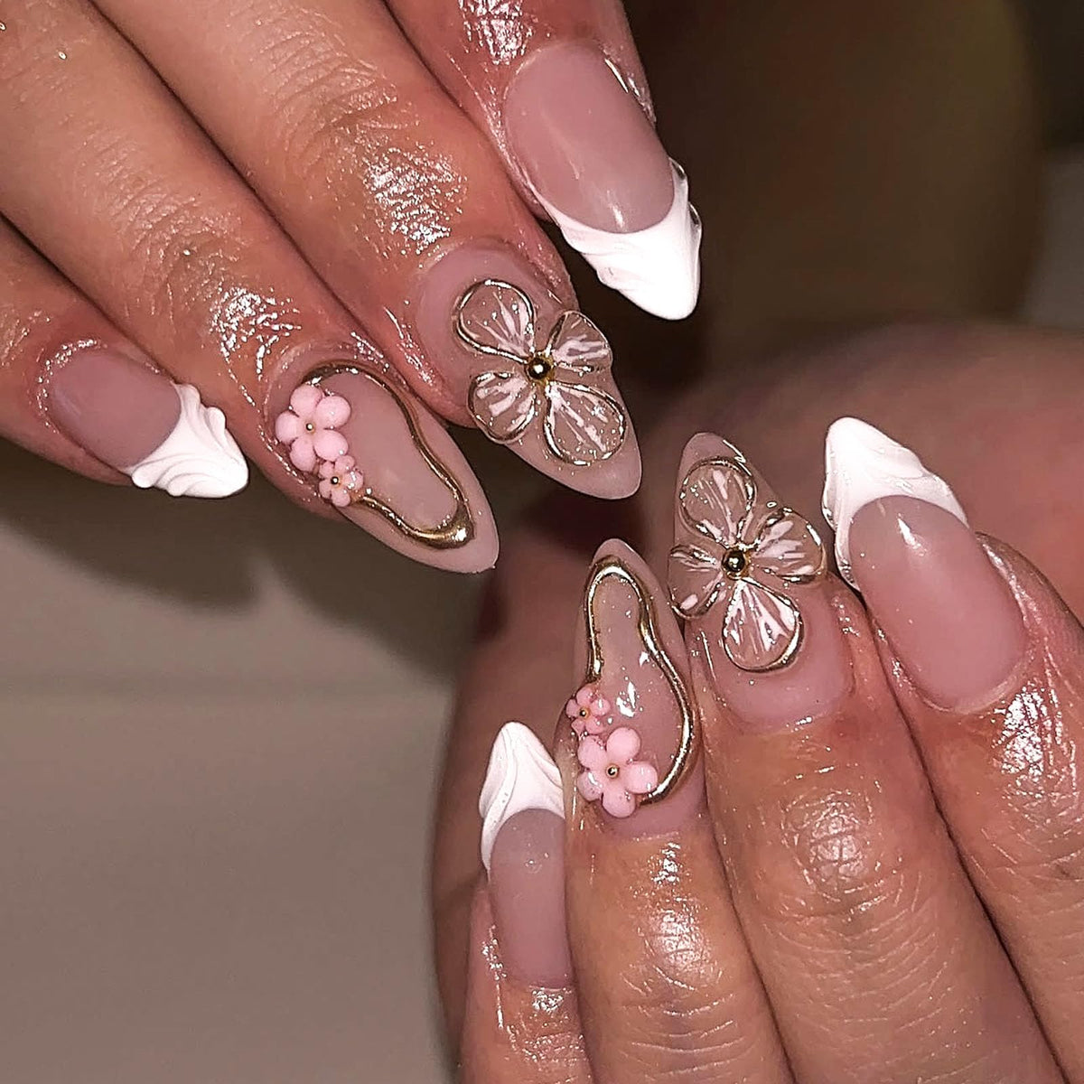 Spring Press on Nails Almond Medium Fake Nails with White Flower Designs French Tip Nails Press ons Light Green False Nails Glossy Glue on Nails Acrylic Nails Nude Stick on Nails for Women 24Pcs