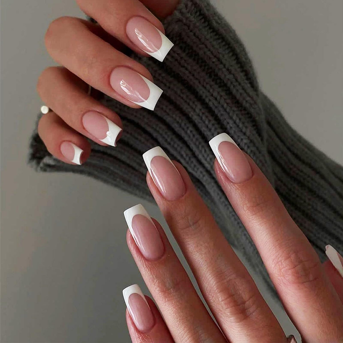 White French Tips Press on Nails 24Pcs Glossy Silver Glitter Acrylic Fake Nails Sparkly False Nail Milky Way Gel Glue on Nail Stars Stick on Medium Square Fingernails for Coquette Women Girls