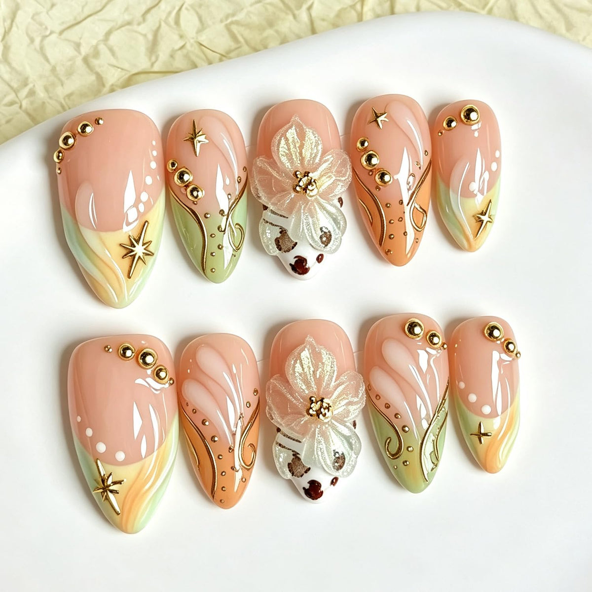 Handmade Press on Nails Gold Beads Almond Fake Nails 10Pcs(Size M)