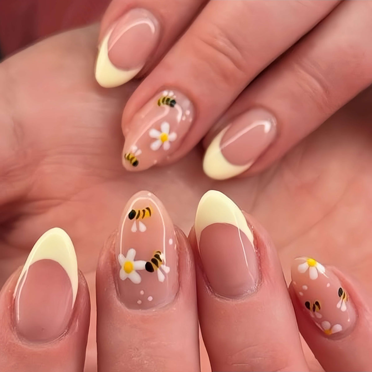 Medium Almond Press On Nails, Milky Nude Fake Nails with White French Tips, Gold Outline Design, Rhinestone and Pearl Accents, Glossy Reusable Glue On Nails for Women Wedding, 24PCS