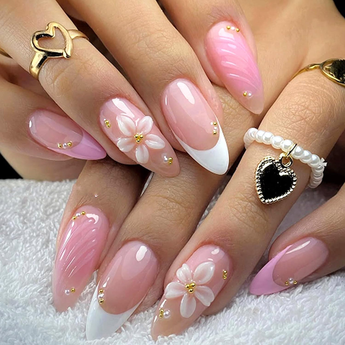 Black French Tip Press On Nails Almond Stiletto, Nude Glossy Fake Nails