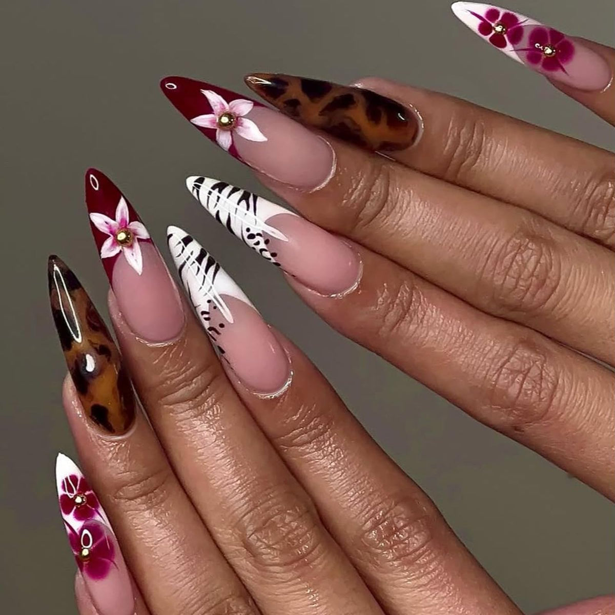 IMRAIN Long Press on Nails Stiletto Pink Fake Nails Rhinestone & Flower Designs Glossy Glue on Acrylic Nails Full Cover Luxury Bling Handmade Stick on False Nails for Women 24Pcs