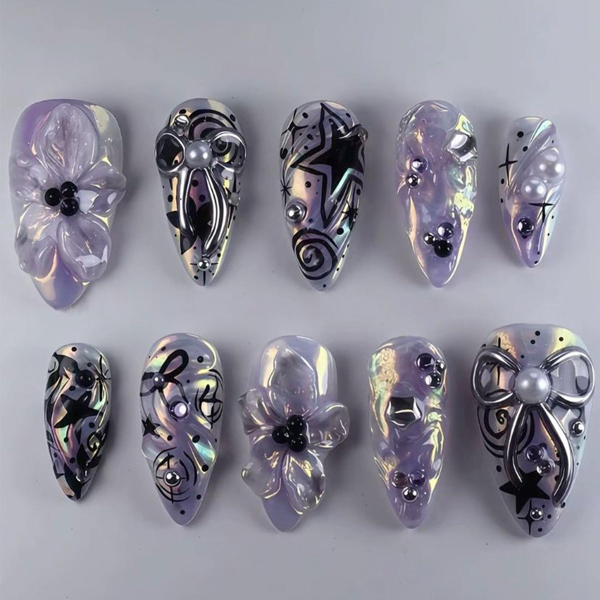 24Pcs White French Tip Press on Nails Medium Almond Fake Nails with Silver Rhinestones with Nude Pink Full Cover Glue on Nails French Designs 3D Flower False Nails Cute Spring Stick on Nails for Women