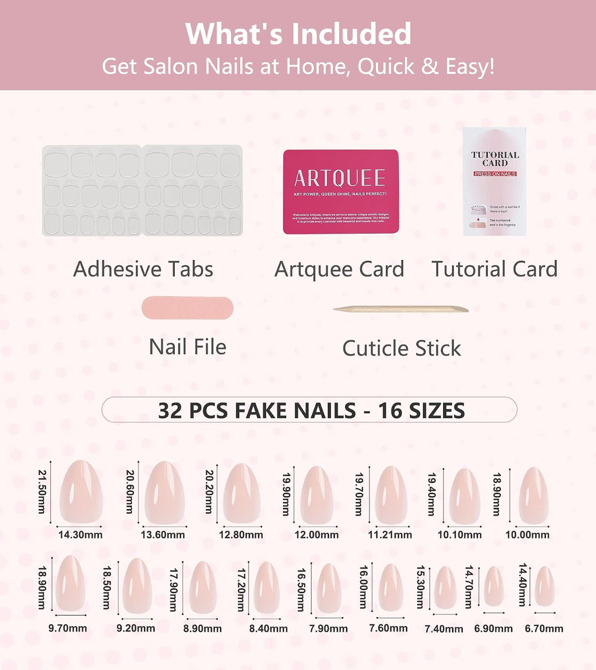 Artquee Press on Nails Short Soft Pink Almond False Tips Glossy Reusable Fake Stick on Nails Kit for Women - 32 Pcs 16 Sizes