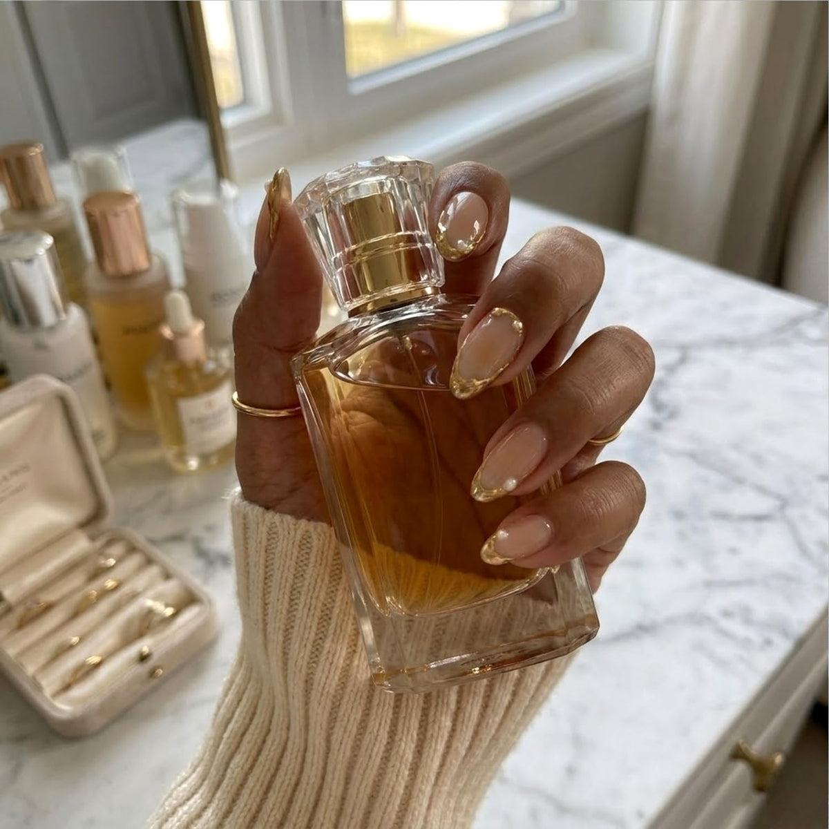Gold French Tip Press On Nails Medium Almond Fake Nails with Pearl Designs Glossy Nude Pink Glue On Nail Reusable Full Cover Acrylic Nail for Women Office Wedding Date Night 24 PCS