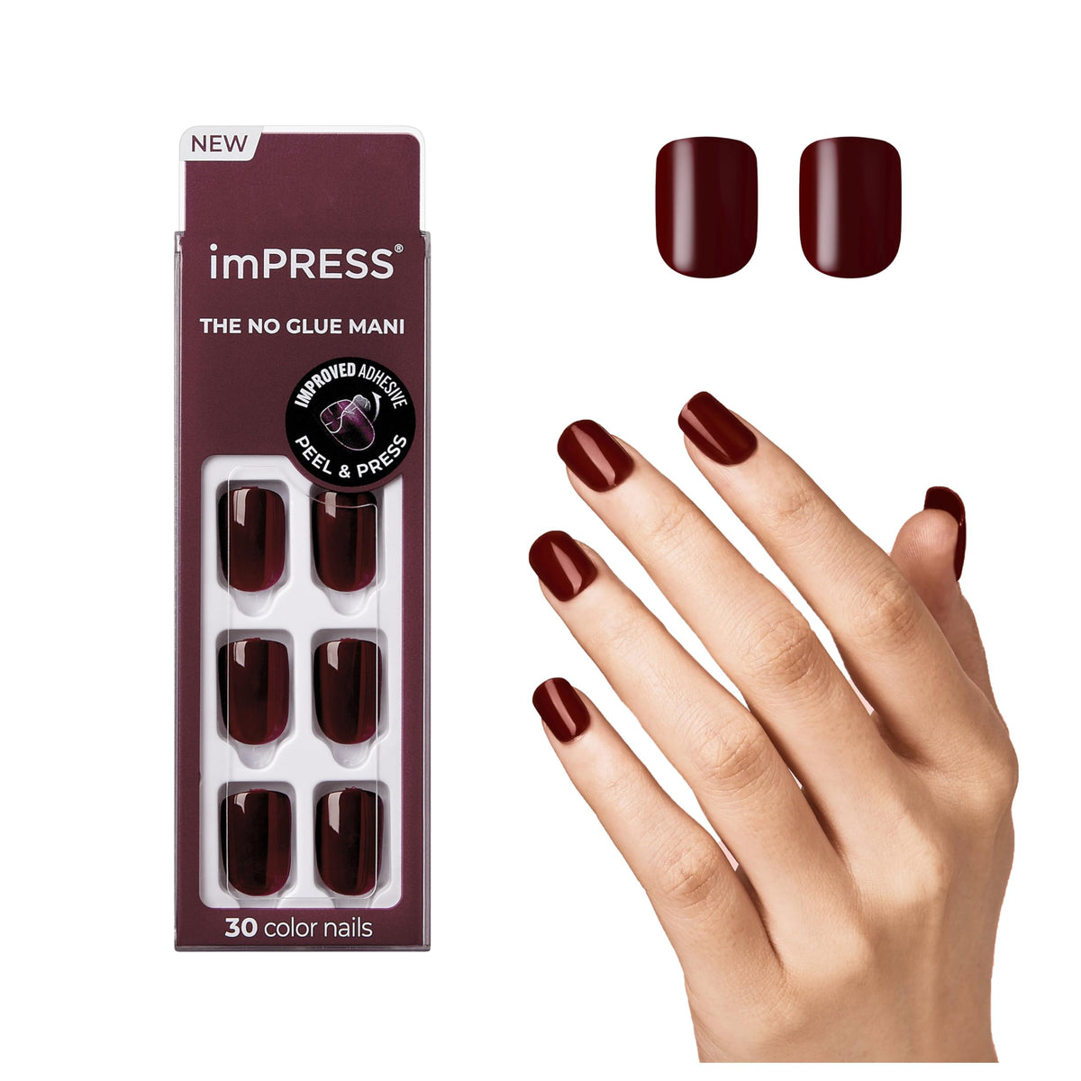 Kiss Impress No Glue Mani Press On Nails Kit, Over You, 30 Red Peel and Stick Nails, Super Slim Short Squoval, Glossy Gel Finish, PureFit Technology, Includes Prep Pad, Manicure Stick & Mini File