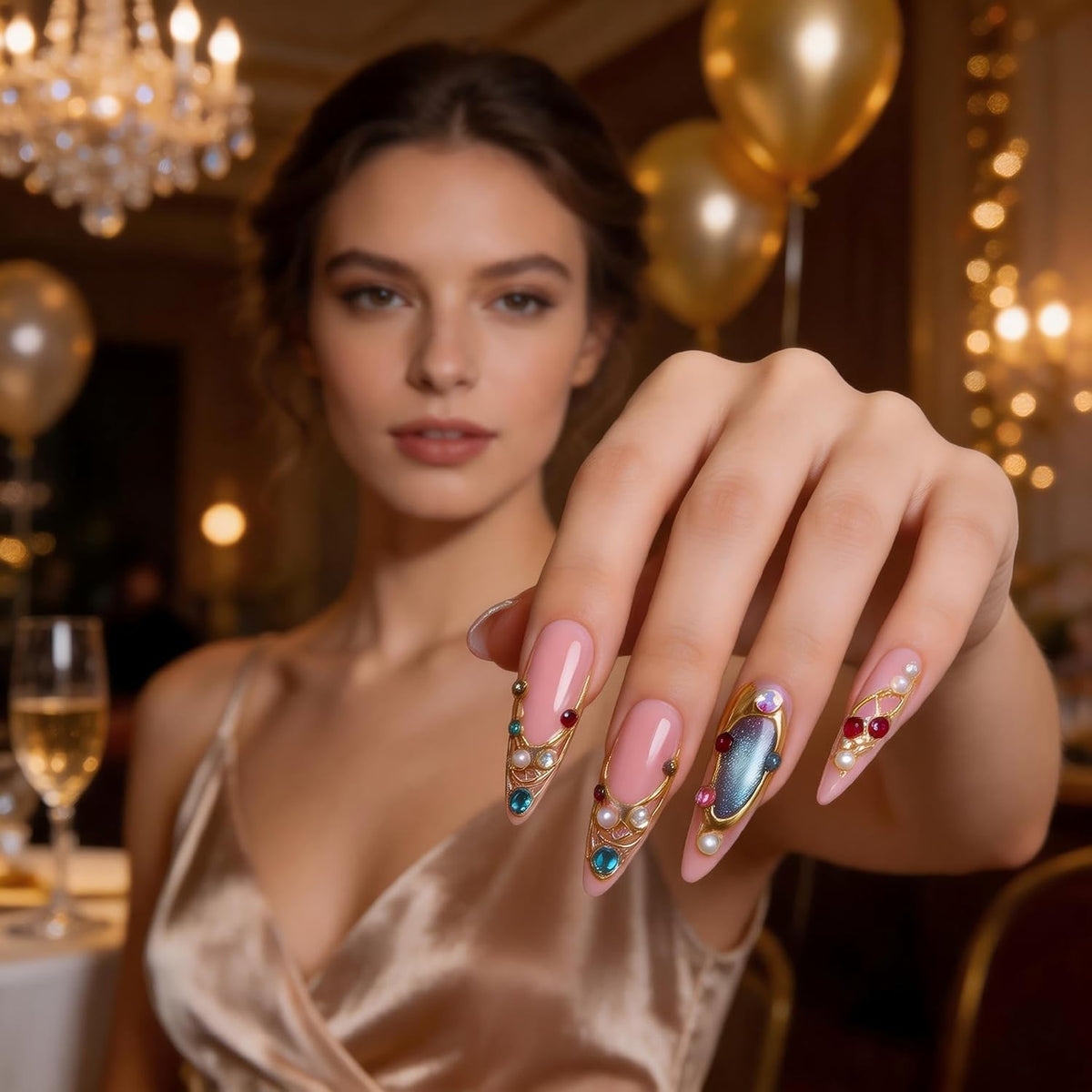 Luxury Handmade Press on Nails Long Stiletto Acrylic Fake Nails with Rhinestone Pearl Designs Glossy Full Cover Reusable Stick on Nails for Women Manicure 10Pcs