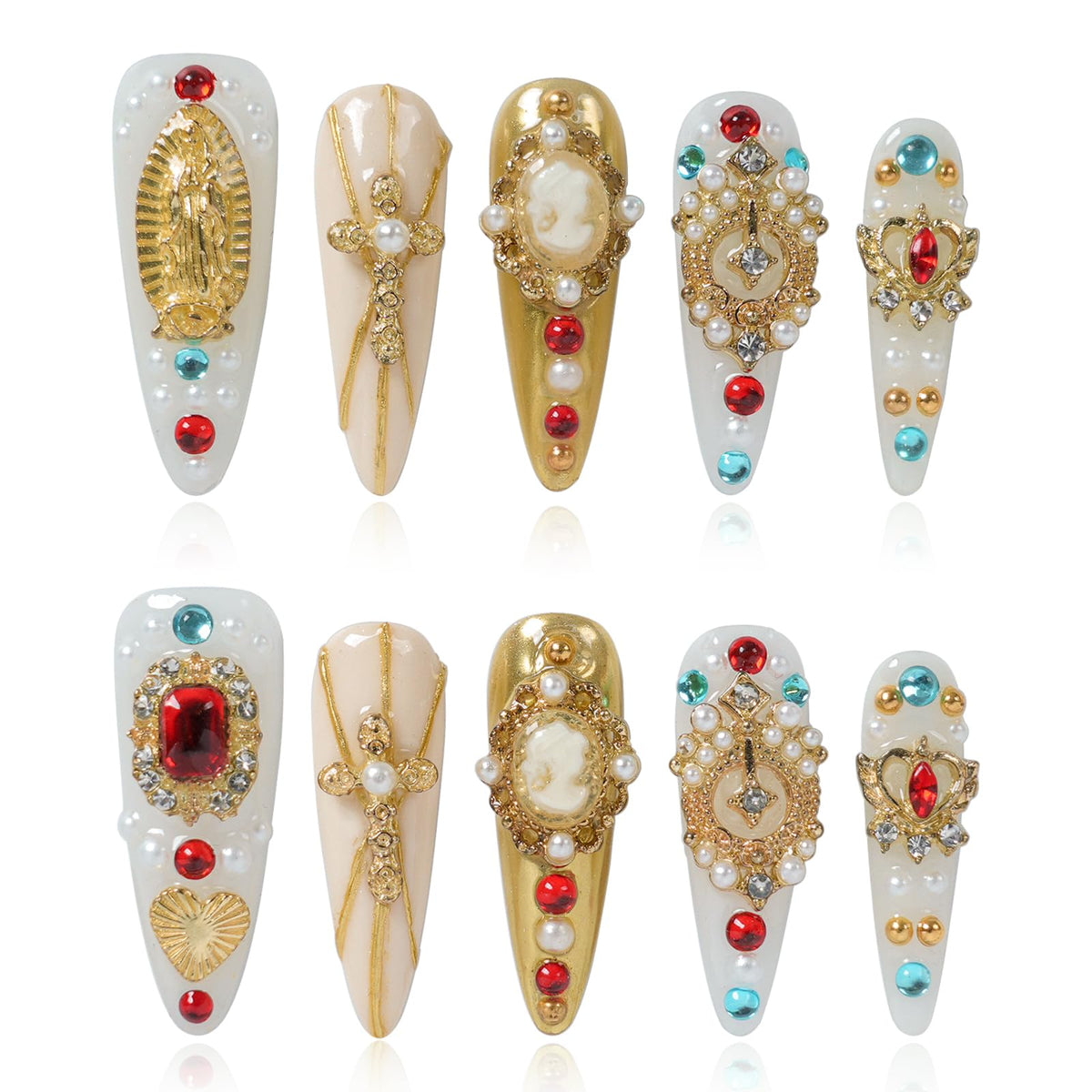 Gothic 3D Floral Press on Nails Medium Almond - Gold Cross & Rhinestone Design, Handmade Pearl Luxury Dark Romantic Reusable Nails (Orange Diamond Sweet Luxury,L)