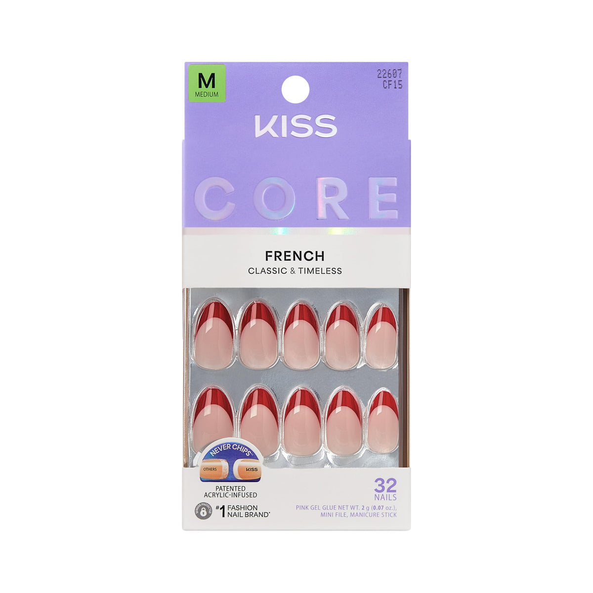 Kiss Core, Press On Nails, Nail glue included, 'Curiosity', White, Medium Size, Almond Shape, Includes 32 Nails, 2g Glue, 1 Manicure Stick, 1 Mini File