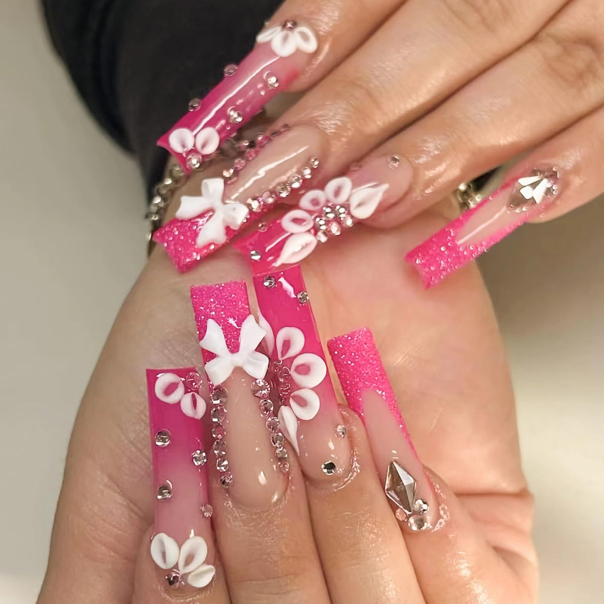 MISUD Press on Nails - Long Square Glue on Nails with White Bridal, Acrylic Wedding Bride Design 24 pcs