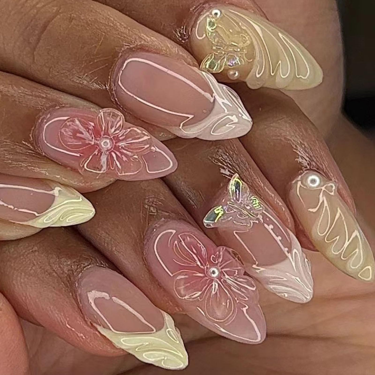 Spring Press on Nails Almond Medium Fake Nails with White Flower Designs French Tip Nails Press ons Light Green False Nails Glossy Glue on Nails Acrylic Nails Nude Stick on Nails for Women 24Pcs
